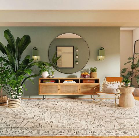 Ruang tamu dengan palet warna earthy